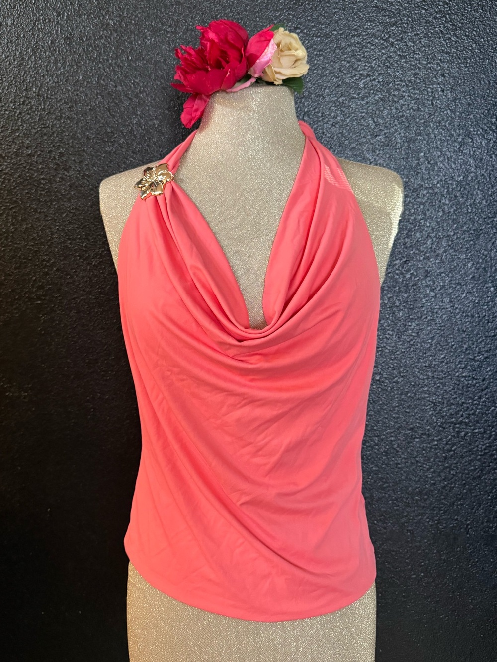 Womens Coral Halter Drape Neck Top